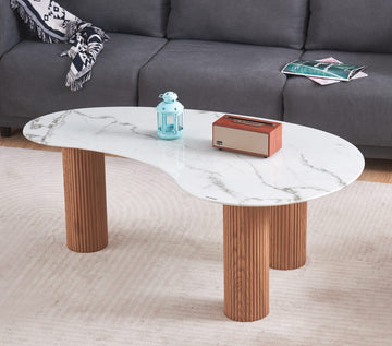 TABLE BASSE PYLONE PIED CHENE PLATEAU MARBRE BLANC