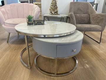TABLE BASSE GIGOGNE NOVELA TIROIR GRIS PIEDS CHROME MARBRE BLANC