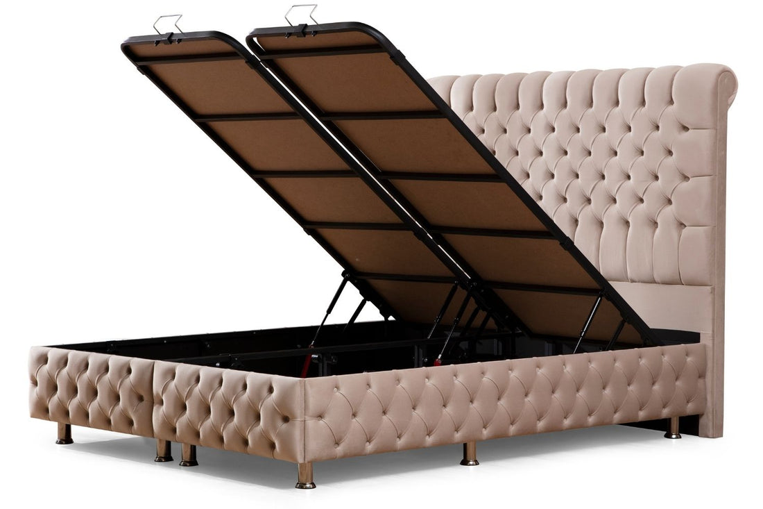 Lit Coffre LUNA BEIGE - Velours capitonné