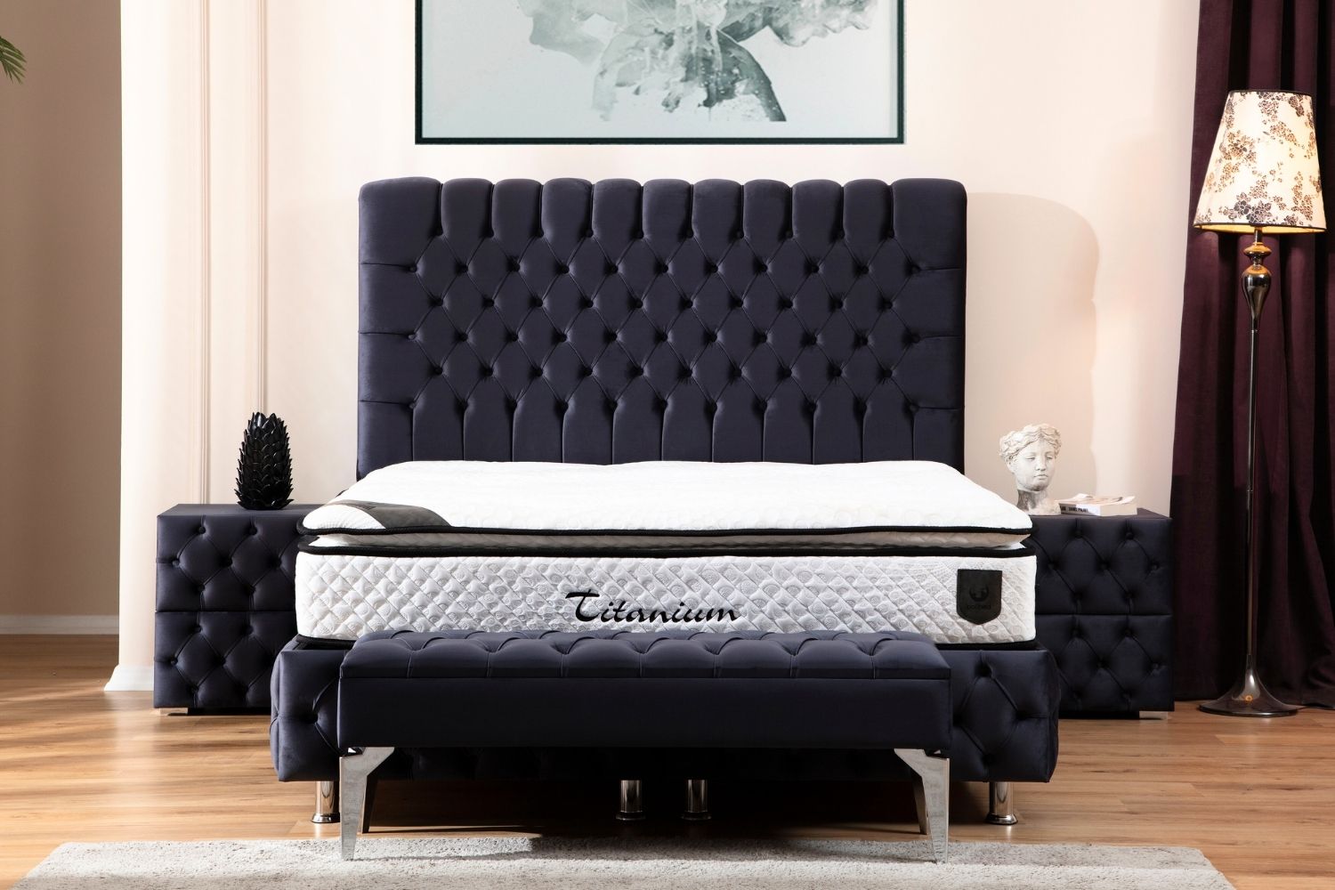 Lit Coffre LUNA GRIS ANTHRACITE - Velours capitonné