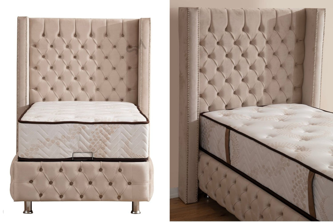 Lit Coffre Enfant CLOUTE GRIS - Velours capitonné