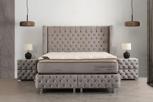 GREY STUDDED STORAGE BED - Tufted velvet