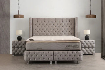 GREY STUDDED STORAGE BED - Tufted velvet