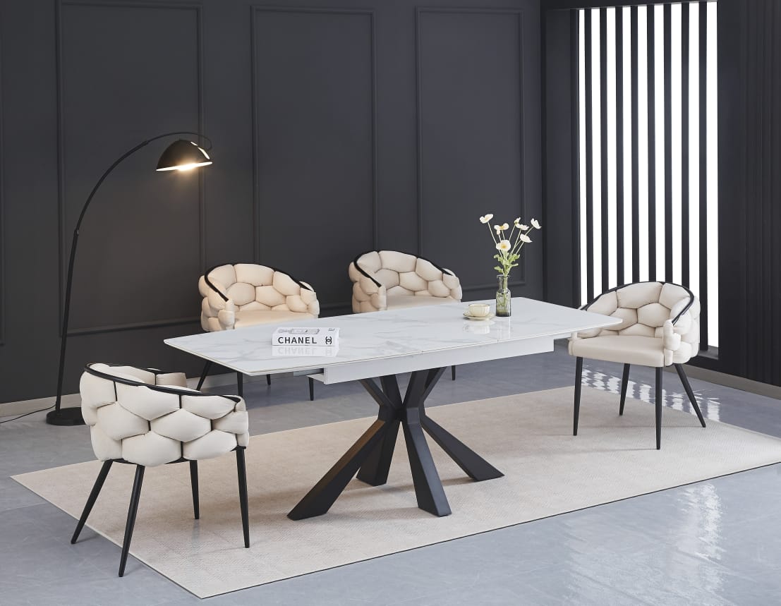 TABLE EXTENSIBLE A RALLONGE BIANCA PIED METAL NOIR CERAMIQUE MARBRE BLANC MDF, PIERRE SINTERISEE, METAL