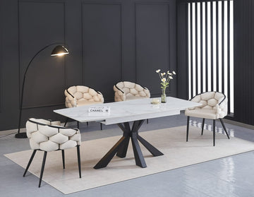 TABLE EXTENSIBLE A RALLONGE BIANCA PIED METAL NOIR CERAMIQUE MARBRE BLANC MDF, PIERRE SINTERISEE, METAL