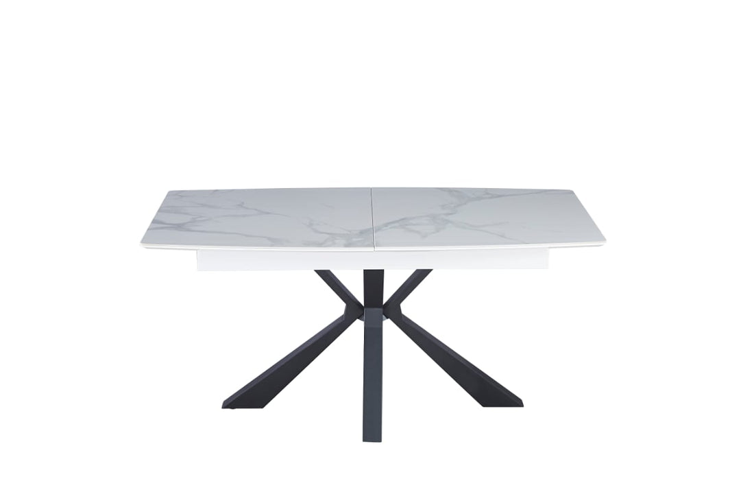TABLE EXTENSIBLE A RALLONGE BIANCA PIED METAL NOIR CERAMIQUE MARBRE BLANC MDF, PIERRE SINTERISEE, METAL