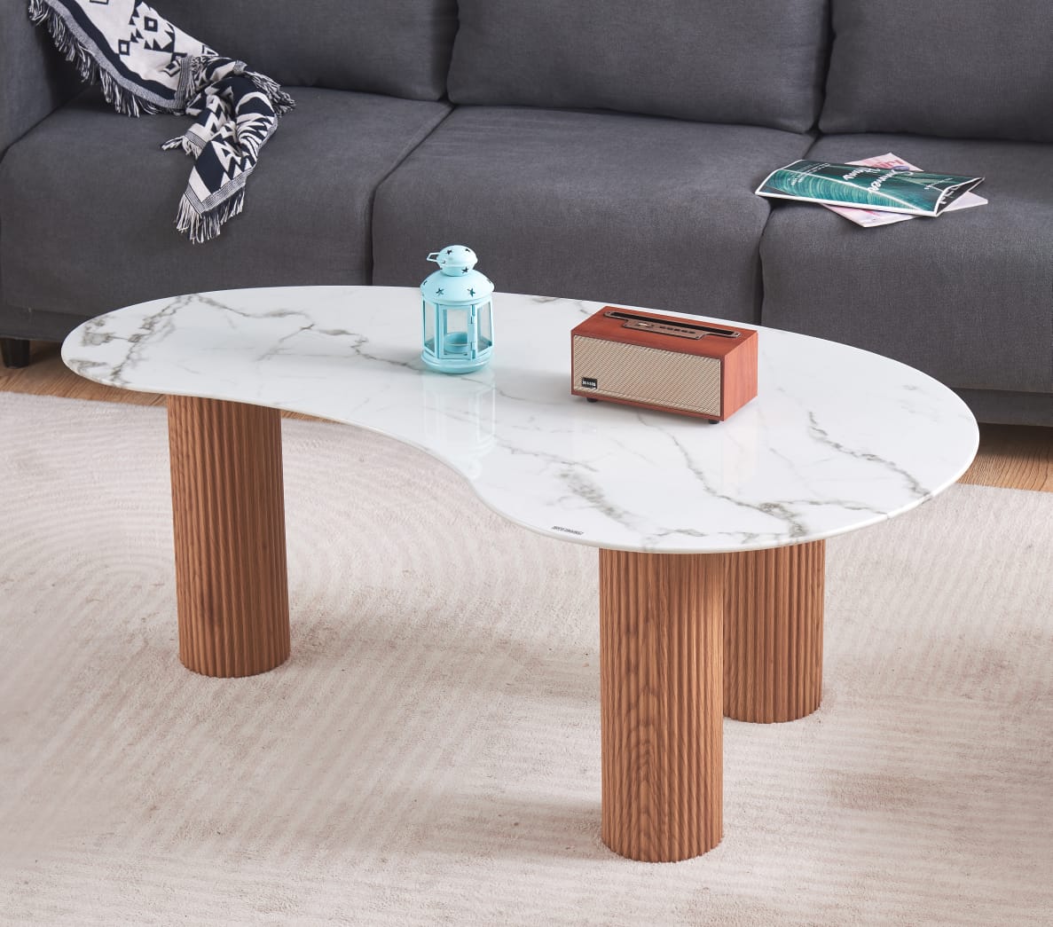 TABLE BASSE PYLONE PIED CHENE PLATEAU MARBRE BLANC