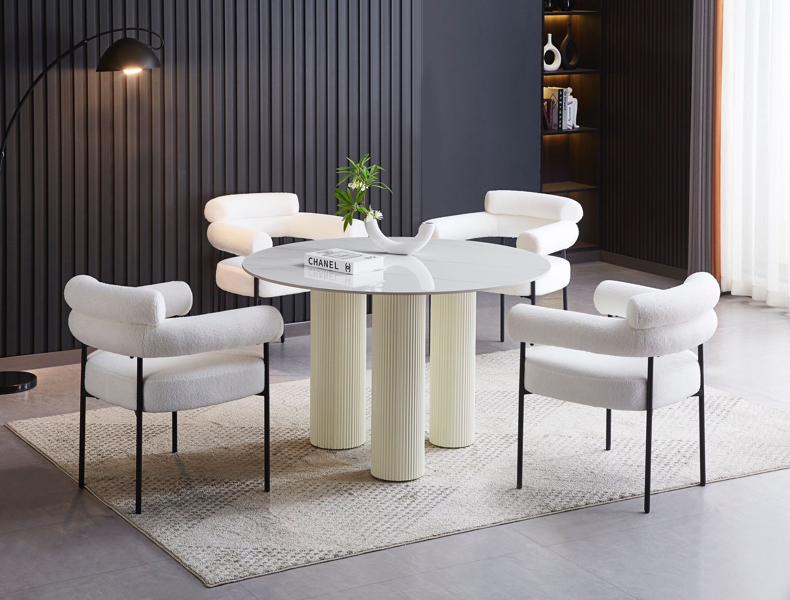 TABLE REPAS ANAÏS PIEDS BEIGE PLATEAU CERAMIQUE MARBRE BLANC 