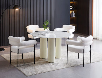 TABLE REPAS ANAÏS PIEDS BEIGE PLATEAU CERAMIQUE MARBRE BLANC 