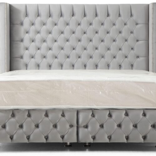 Lit Coffre Clout Gris - Velours capitonné