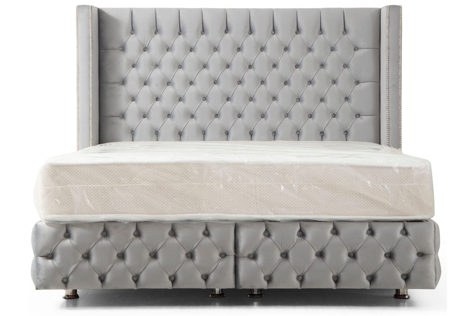 Lit Coffre Clout Gris - Velours capitonné