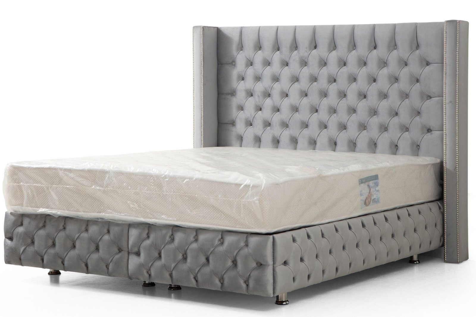 Lit Coffre Clout Gris - Velours capitonné - Image 2