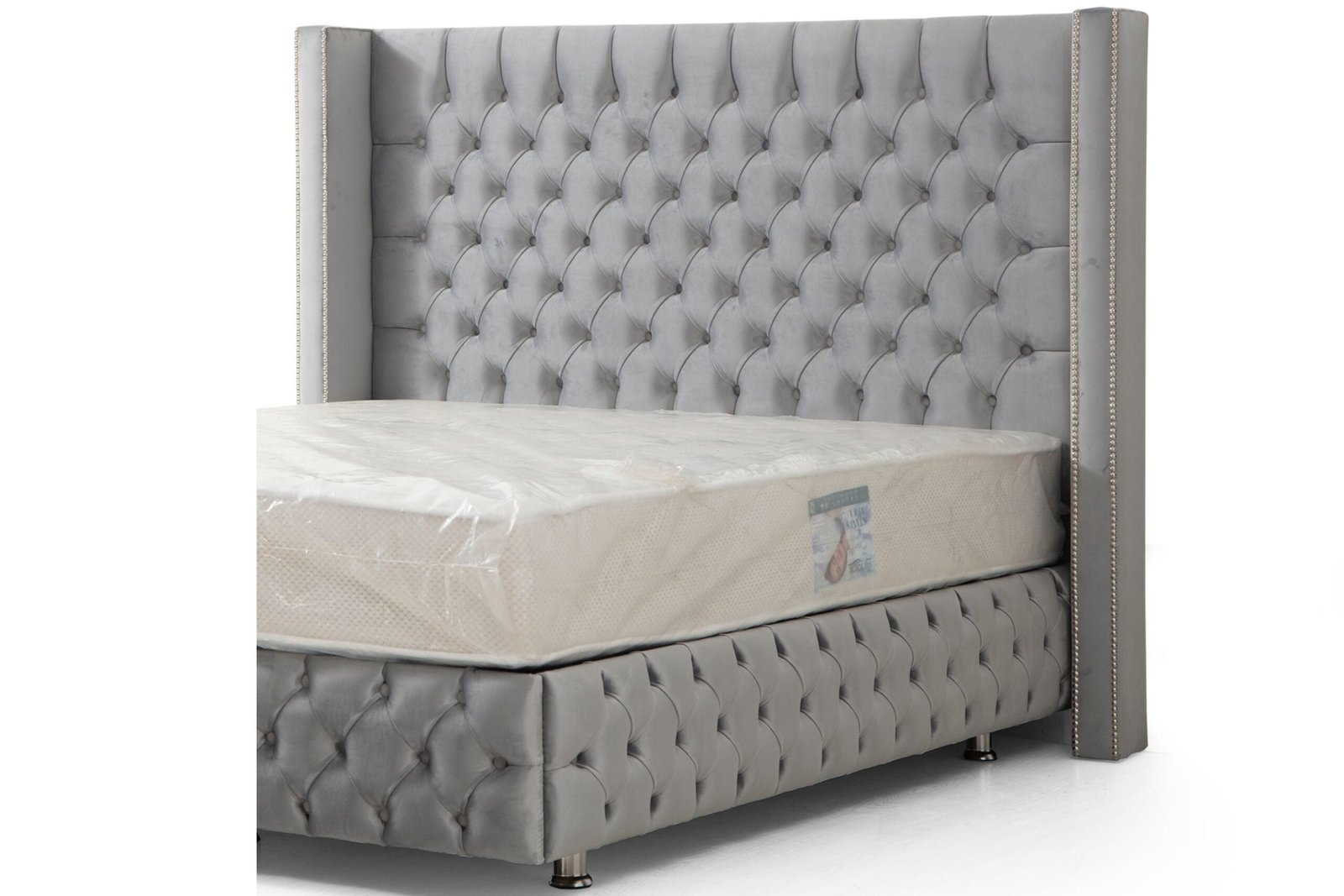 Lit Coffre Clout Gris - Velours capitonné - Image 4