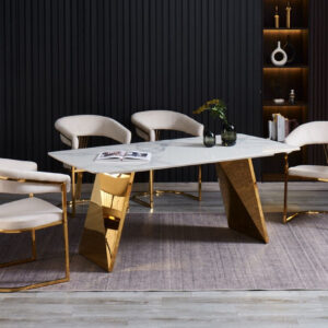 TABLE A MANGER GRAFFI PIED GOLD PLATEAU EN CERAMIQUE MARBRE BLANC