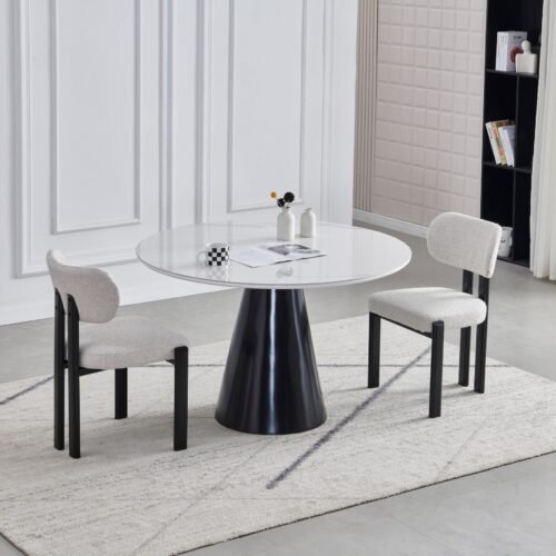 TABLE A MANGER CHLOE RONDE CERAMIQUE MARBRE BLANC PIED NOIR