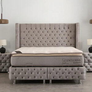 Lit Coffre CLOUTE GRIS - Velours capitonné