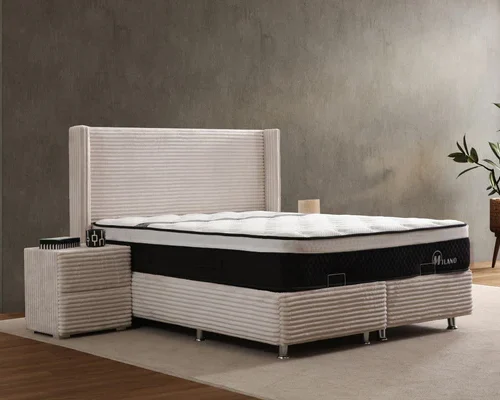 Lit Coffre CLARA CREME - Côtélé Blanc