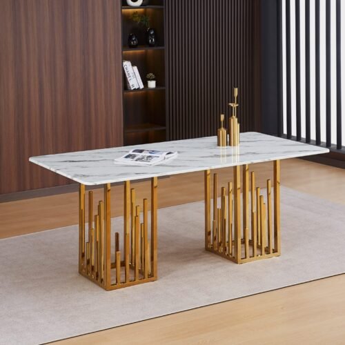 TABLE REPAS STALAX PIED GOLD PIERRE MARBRE BLANC