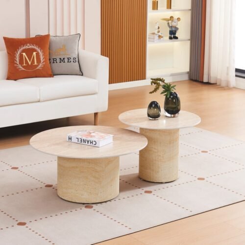 TABLE BASSE DUO BAIETA PIEDS BEIGE CERAMIQUE TRAVERTIN