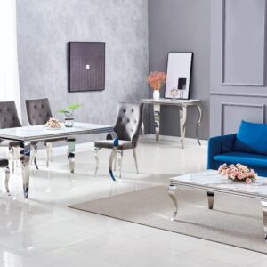 TABLE A MANGER BAROQUE CHROME MARBRE BLANC