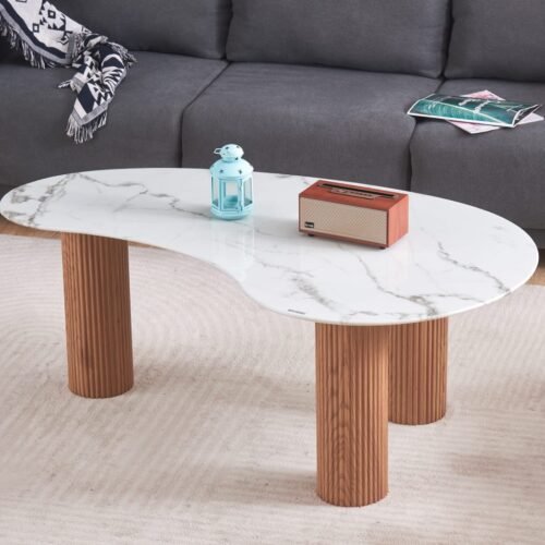 TABLE BASSE PYLONE PIED CHENE PLATEAU MARBRE BLANC
