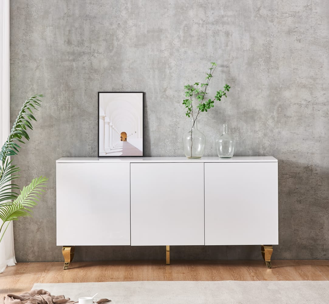 Buffet Baroque Laqué Blanc avec Pieds Dorés en Acier - Image 3