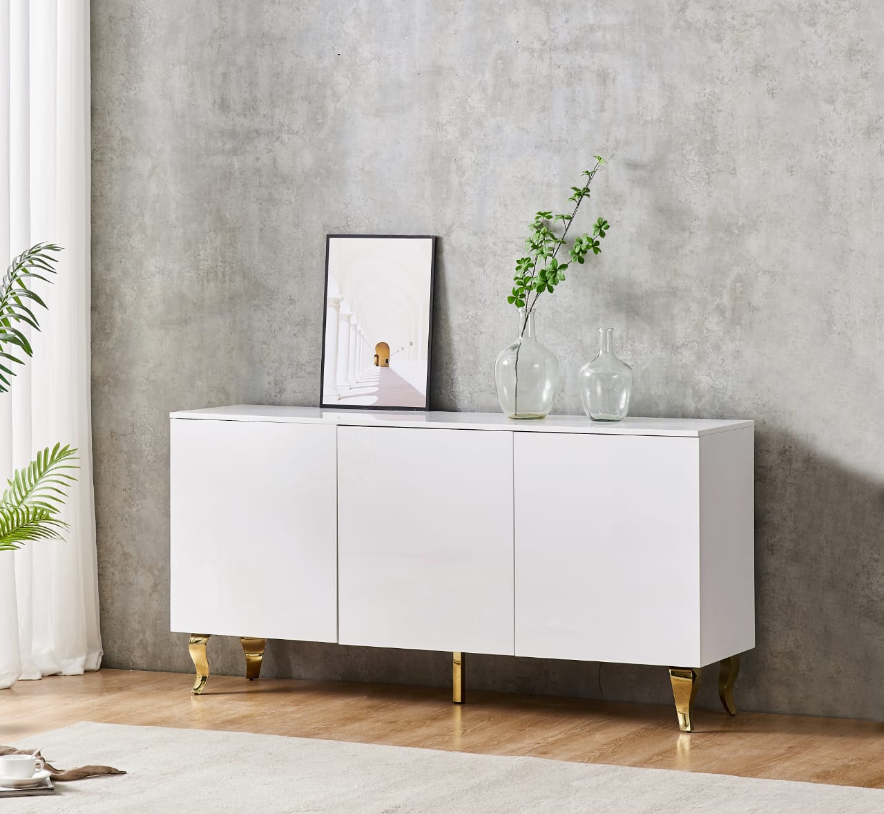 Buffet Baroque Laqué Blanc avec Pieds Dorés en Acier - Image 2