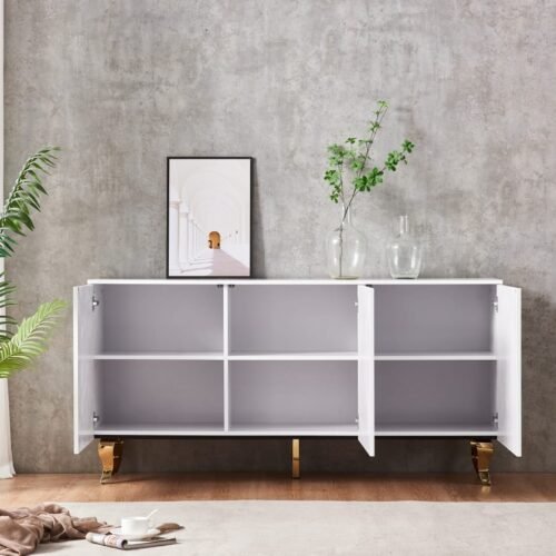 Buffet Baroque Laqué Blanc  avec Pieds Dorés en Acier