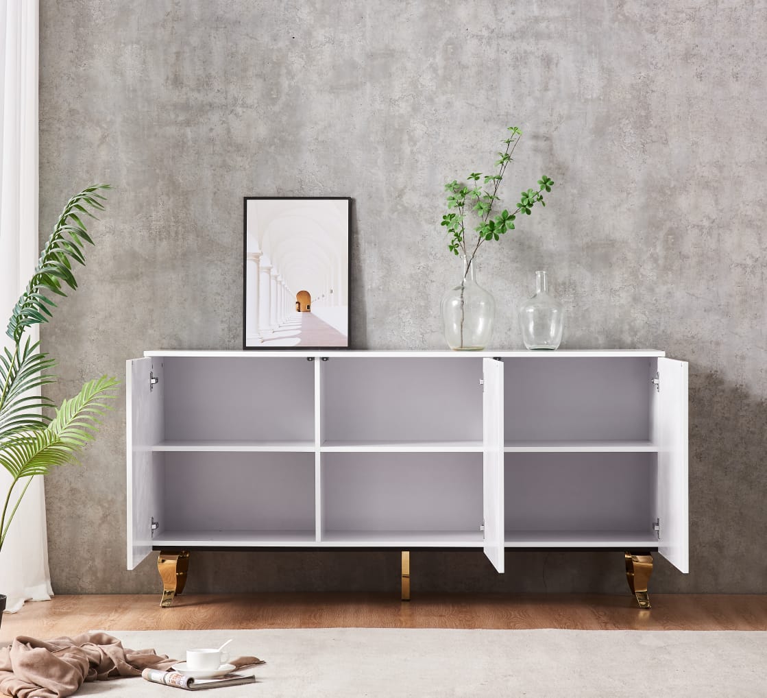 Buffet Baroque Laqué Blanc avec Pieds Dorés en Acier