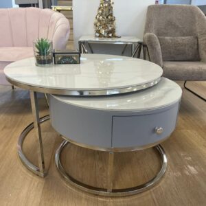 TABLE BASSE GIGOGNE NOVELA TIROIR GRIS PIEDS CHROME MARBRE BLANC
