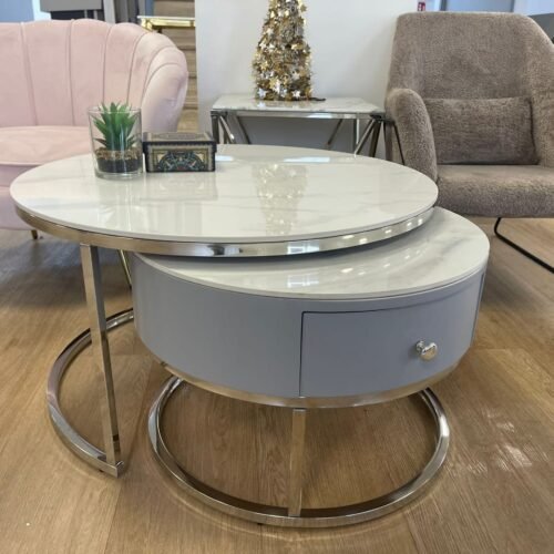 TABLE BASSE GIGOGNE NOVELA TIROIR GRIS PIEDS CHROME MARBRE BLANC