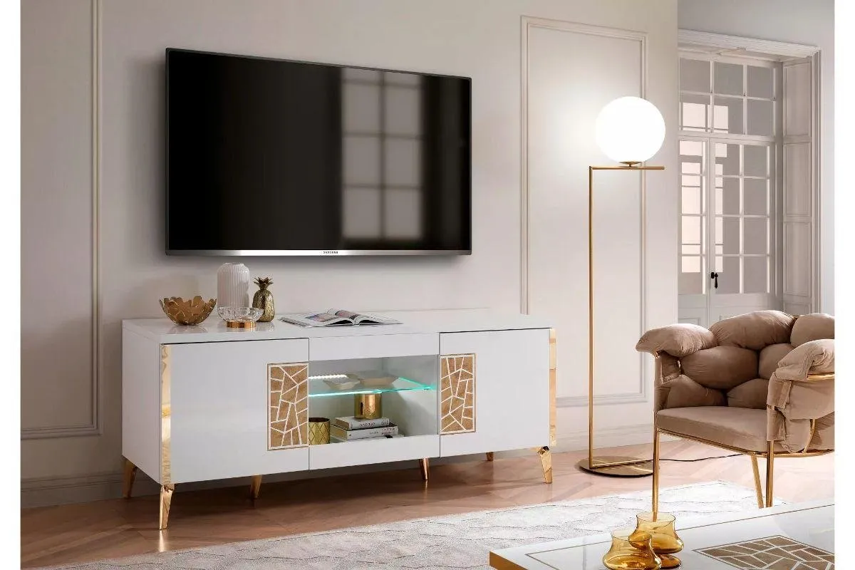 MEUBLE TV ELLA – LAQUÉ BLANC & DORÉ